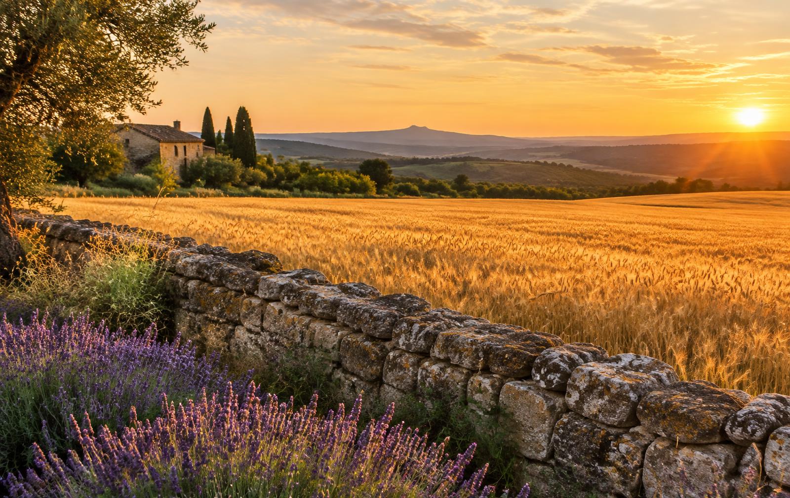 Champ de blé doré et lavande au soleil couchant, le long d'un vieux mur de pierre