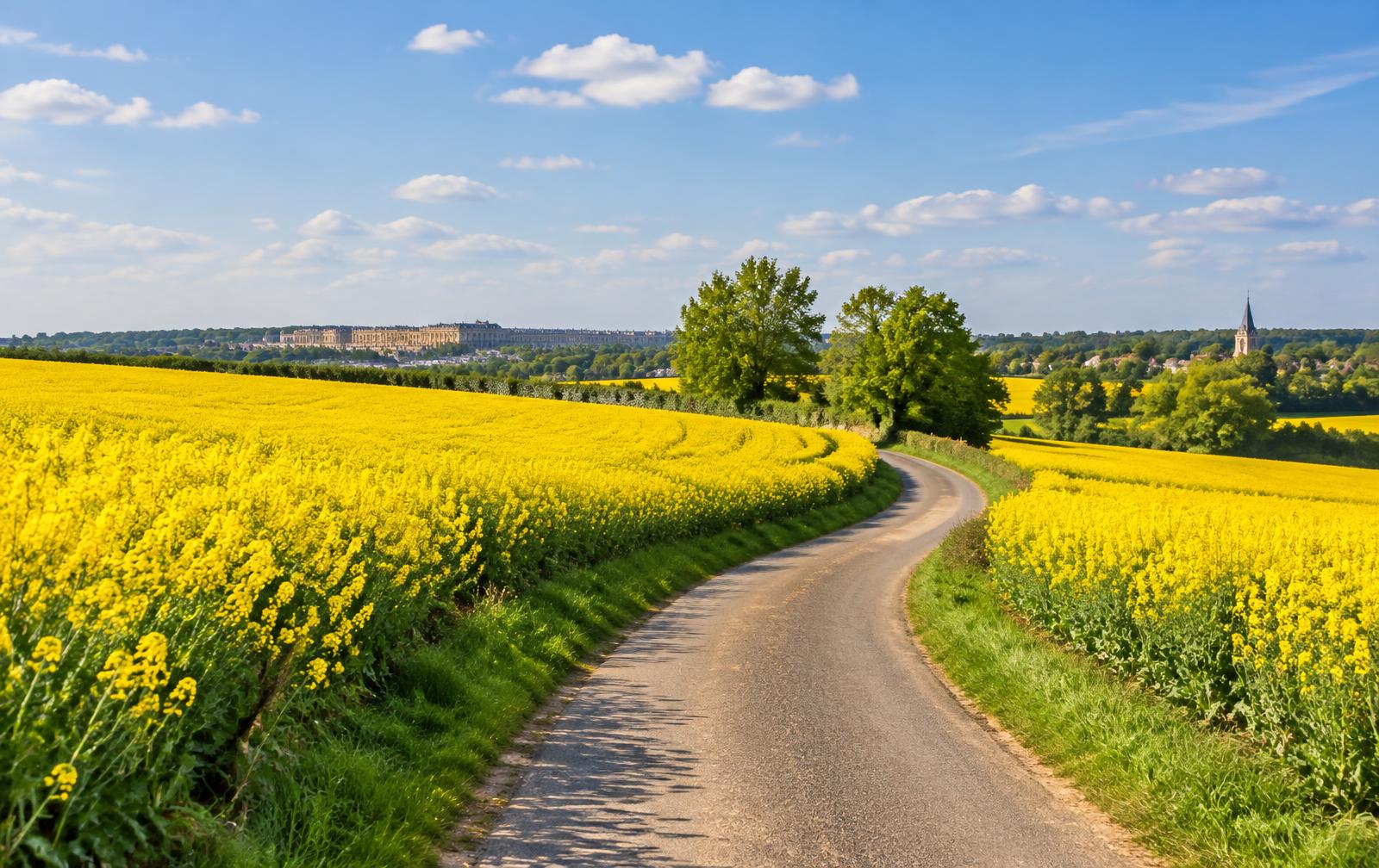 Petite route sinueuse entre des champs de colza en fleurs sous un ciel bleu
