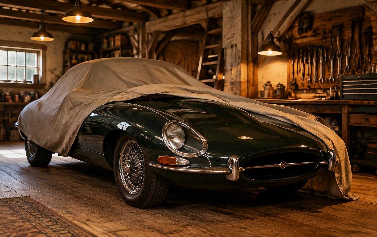 Coupé sportif britannique vert des années 60, à moitié sous sa housse, dans un garage aux poutres anciennes éclairé chaudement