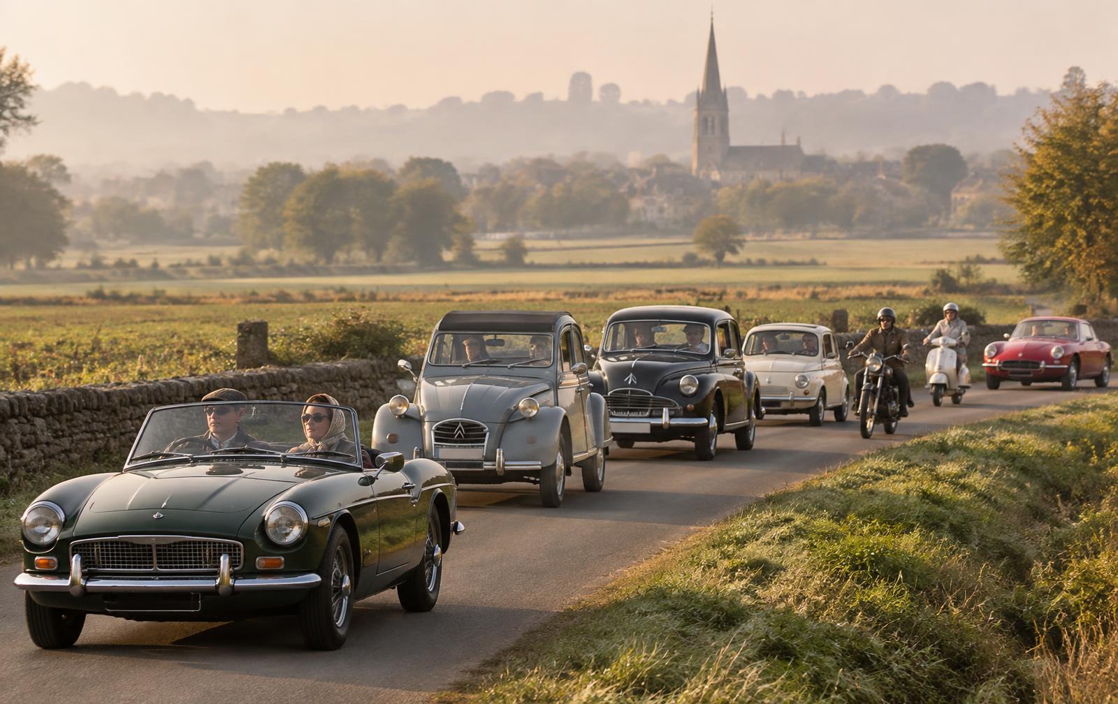 Convoi d'anciennes sur une route de campagne au petit matin : roadster britannique vert, petite populaire française grise, berline française des années 50, citadine italienne crème, moto et scooter d'époque, coupé sportif italien rouge