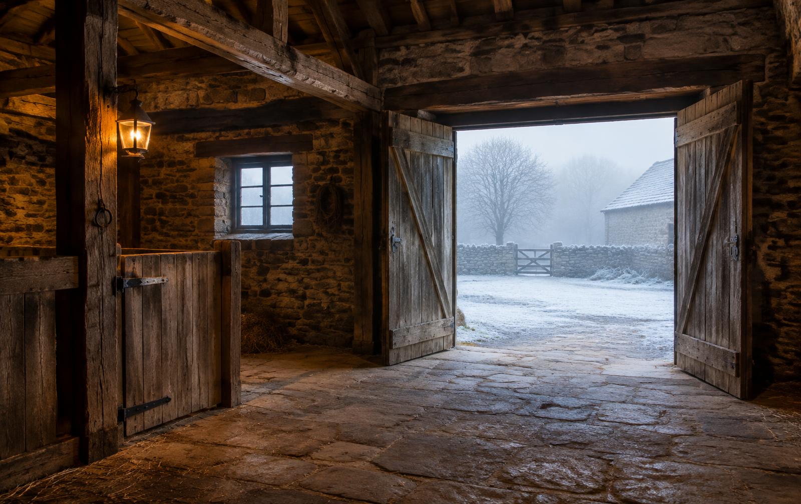 Grange en pierre aux portes ouvertes sur une cour givrée