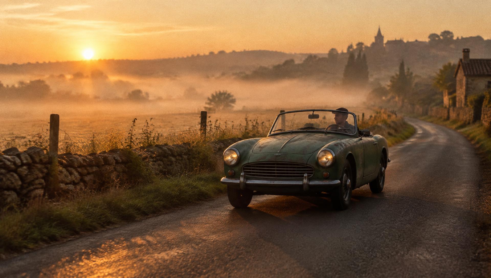 Un roadster ancien vert patiné sur une route de campagne au petit matin, dans la brume et la lumière rasante