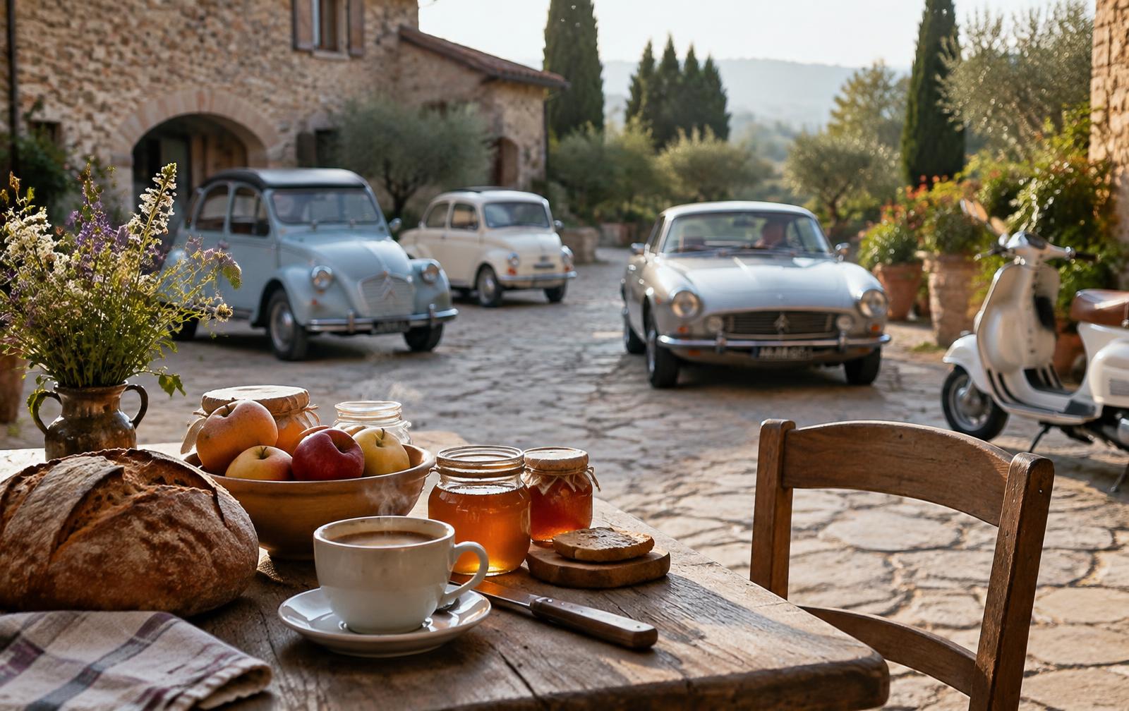 Café fumant, pain, pommes et miel sur une table en bois ; dans la cour pavée, une petite populaire française bleu pâle, une citadine italienne et un coupé italien gris, un scooter ancien