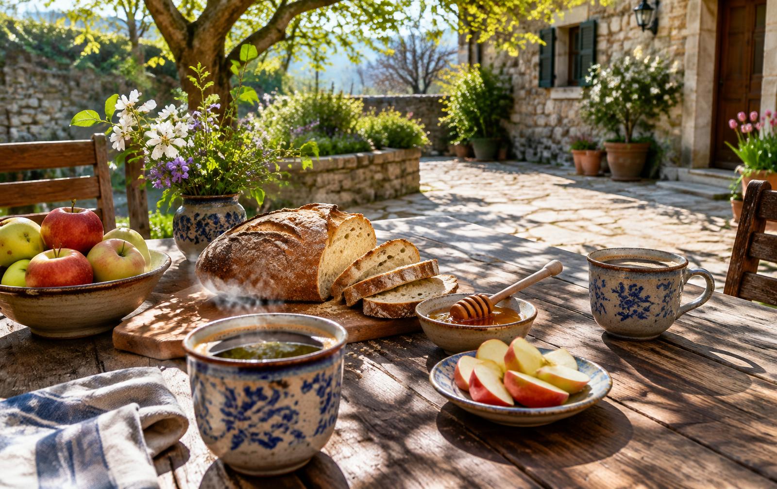 Café, pain et pommes sur une table en bois, dans une cour ensoleillée